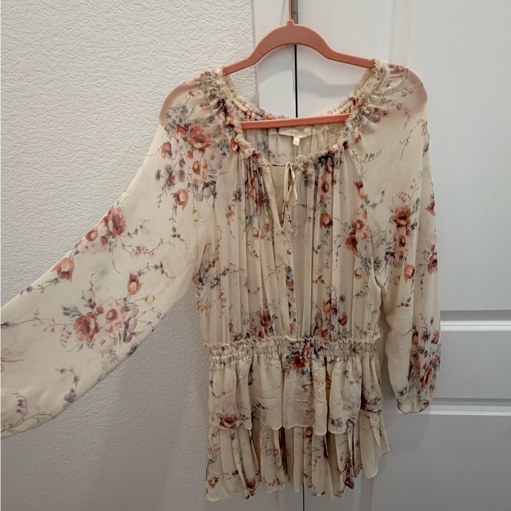 LoveShackFancy Cream Floral Tie-Neck Mini Boho Dress